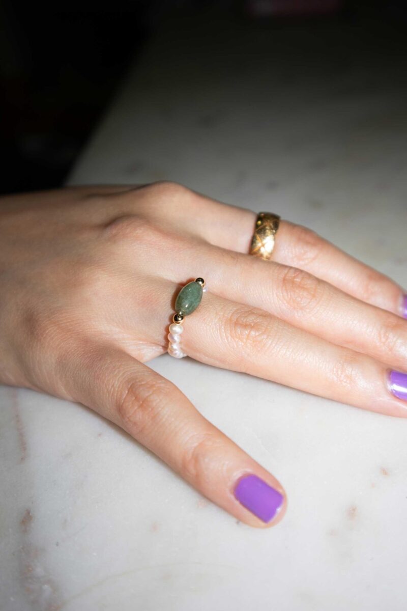 Isa — Jade and Beaded Pearl Stretch Ring - Image 2