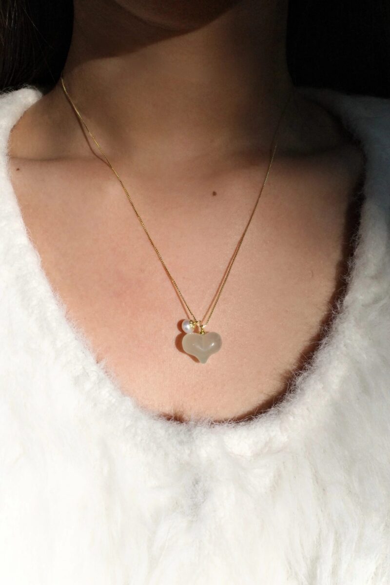 Puffed Heart — Green Jade & Pearl Pendant Necklace - Image 2