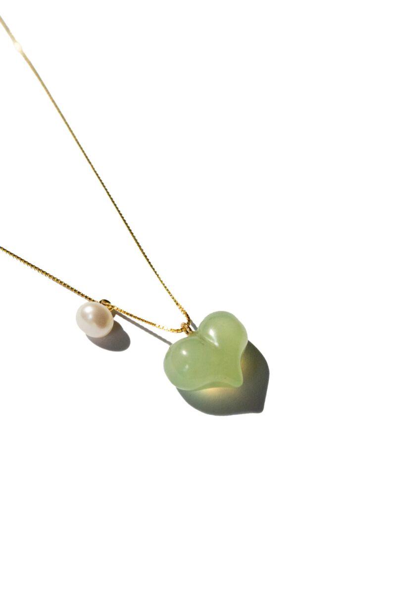 Puffed Heart — Green Jade & Pearl Pendant Necklace - Image 3